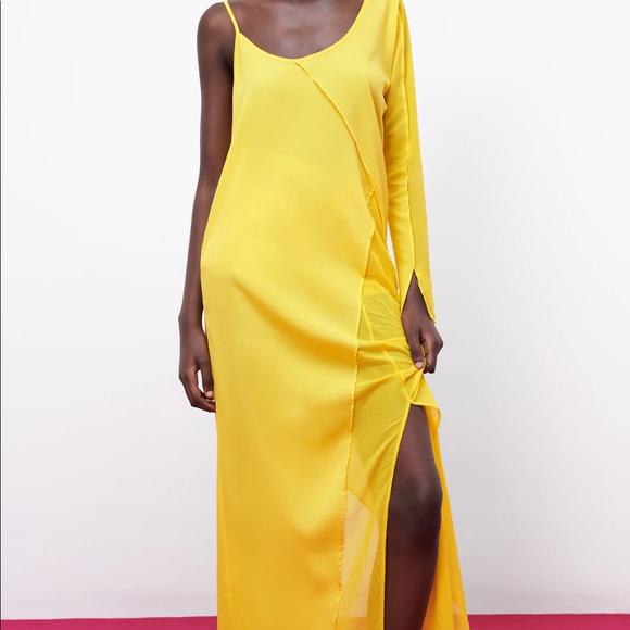 Zara ASYMMETRIC ONE SHOULDER GAUZE DRESS YELLOW NEW - Picture 5 of 10